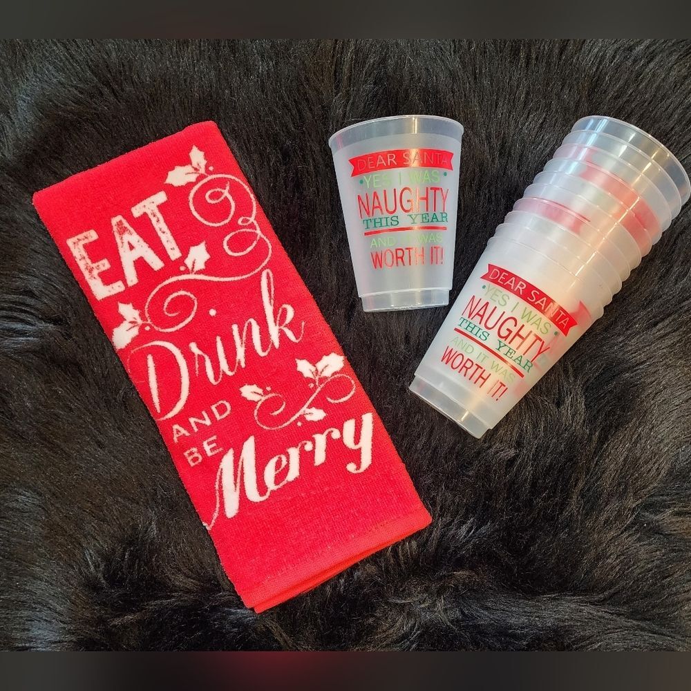 Eat Drink & Be Merry Christmas Hand Towel & 10 Party Cups